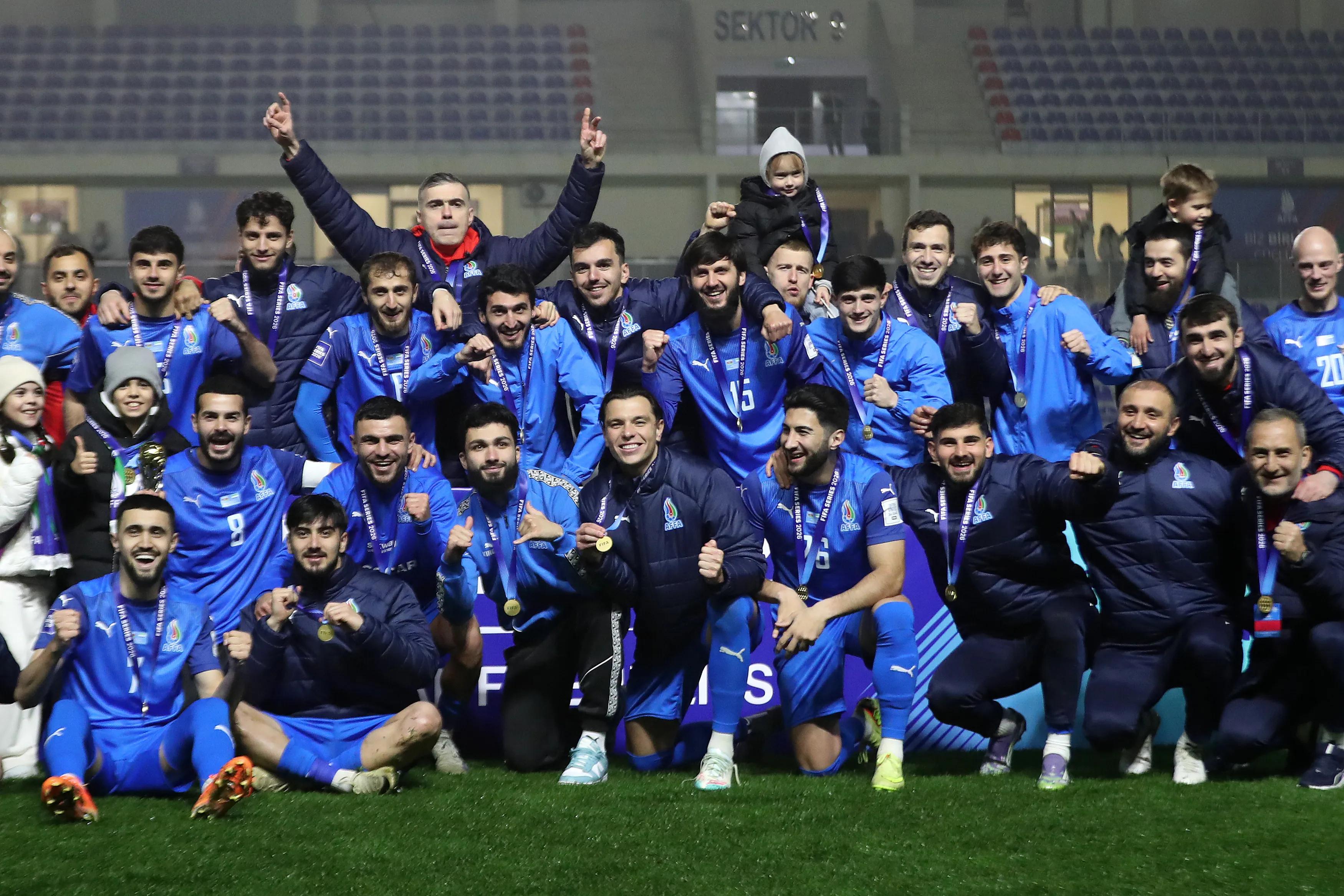 BAKU, AZERBAIJAN - MARCH 30: Players of Azerbaijan celebrate after the FIFA Series 2026 match between Azerbaijan and Sierra Leone on March 30, 2026 in Baku, Azerbaijan. (Photo by Aziz Karimov - FIFA/FIFA via Getty Images)